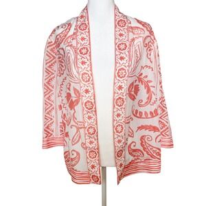 Chico's Cardigan Sheer Cotton Silk Coral White Kimono Open Jacket Women's Size 1
